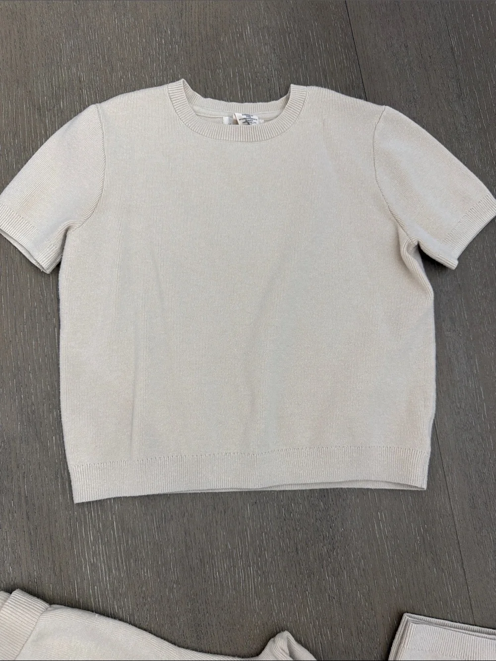 Girls Tan Knit Matching Set - Tan/Cream Short Sleeve Top & Pants